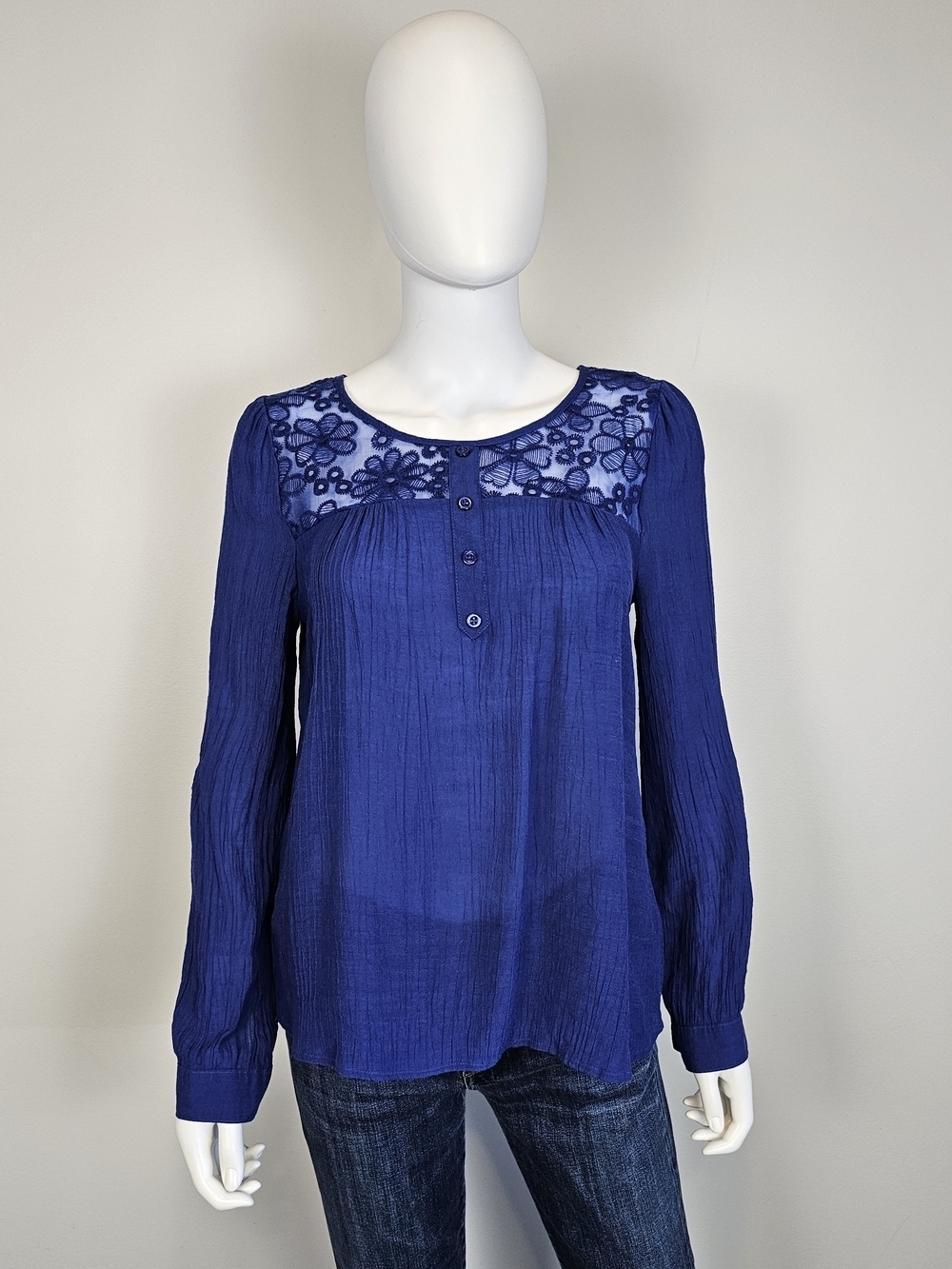 Luisa Spagnoli Royal Blue Lace Yoke Long-Sleeve Blouse Sz M